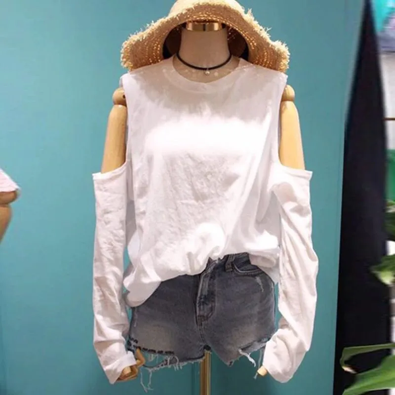 

Korean Style Long Sleeves Off Shoulder Long Sleeves T-Shirt Women's O Neck Casual Tee Girls Ladies Pullover Tops A2464