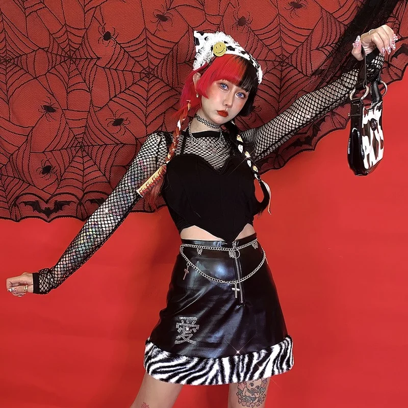 

Harajpoo Women Skirts Y2K Cool Harajuku Style Summer Rhinestone Love Frayed Zebra Print Short Millennial Hot Girl Sexy Skirt