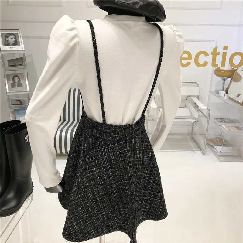 

Niche Design Two Piece Set Women's Spring 2021 New Cotton Round Neck Bubble Sleeve Bottom Top + Suspender Dress