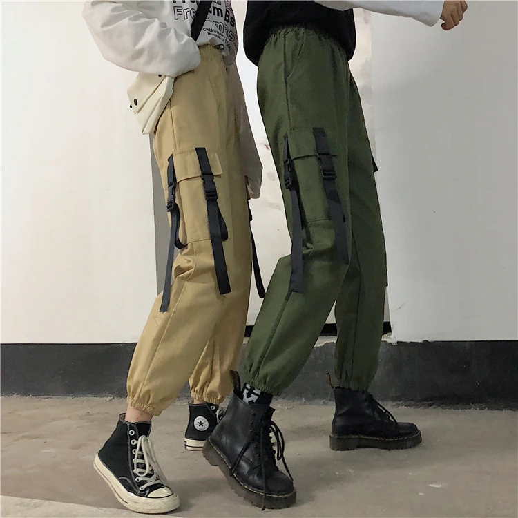 

ulzzang Harajuku hipster streetwear fashion Women's Clothing cargo Pants ankle length Capris straight high waist pockets fall
