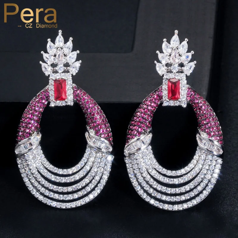 

Pera Designer Hot Pink Cubic Zirconia Trendy Long Round Hollow Dangle Drop Earrings for Female Summer Party Jewelry Gift E576
