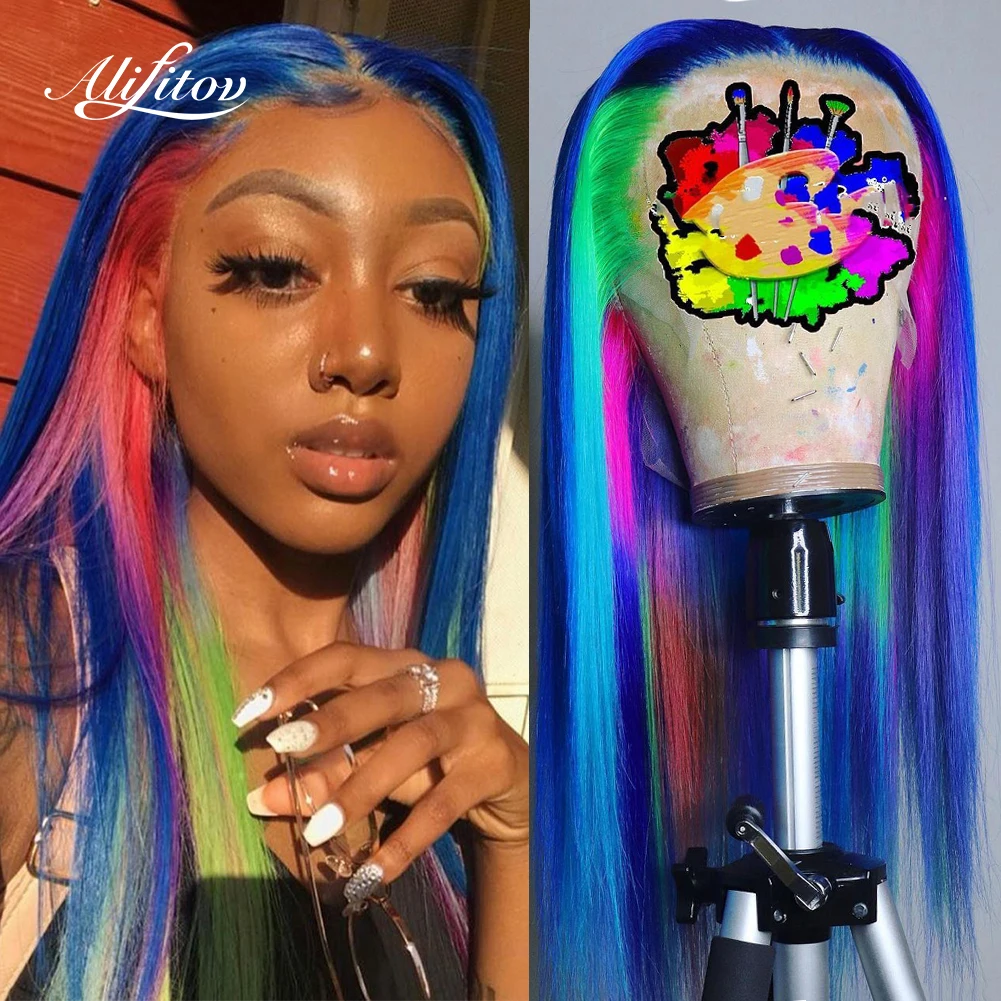 

ALIFITOV синие фиолетовые радужные цветные человеческие волосы парики бразильская реми прямая кружевная Передняя Парик hd кружевная передняя ч...