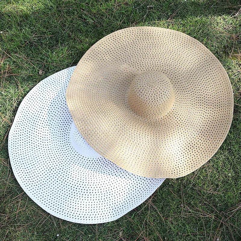 

25cm Oversize Big Beach Hat Women 2020 Summer Cap Wide Brim Sun Hats Foldable Hollow Breathable Ladies UV Straw Hats