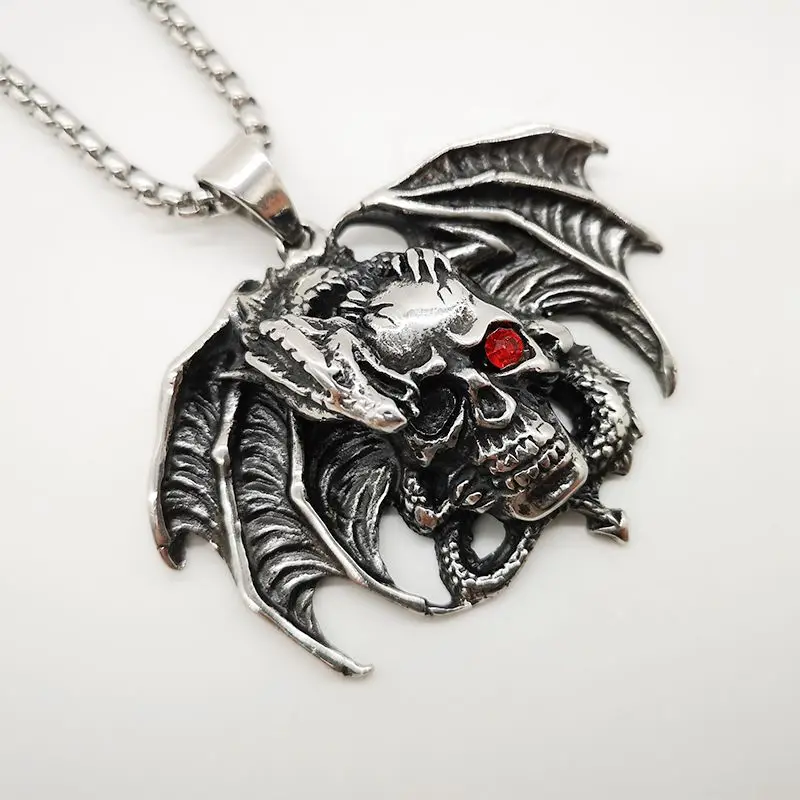316L Нержавеющая сталь Птерозавр ожерелье с кулоном череп красными глазами и