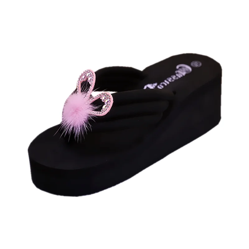 

High-Heeled Shoes Lady On A Wedge House Slippers Platform Fur Flip Flops Glitter Slides Women Thongs Plush Jelly Hawaiian Fabric