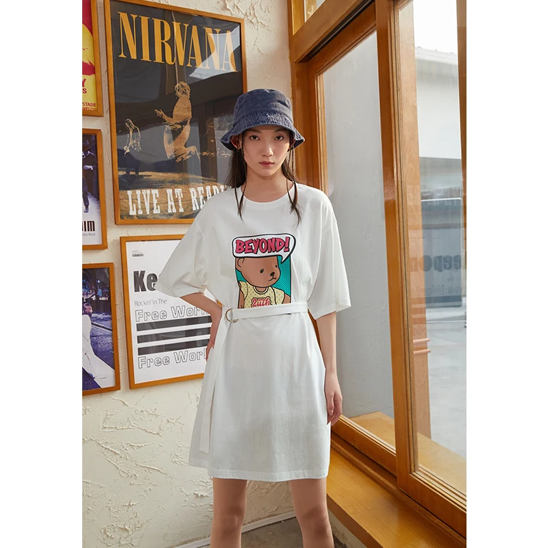 

Toyouth Women Dresses with Belt 2021 Summer H Line Round Neck Loose Cartoon Bear Print White Casual Dress
