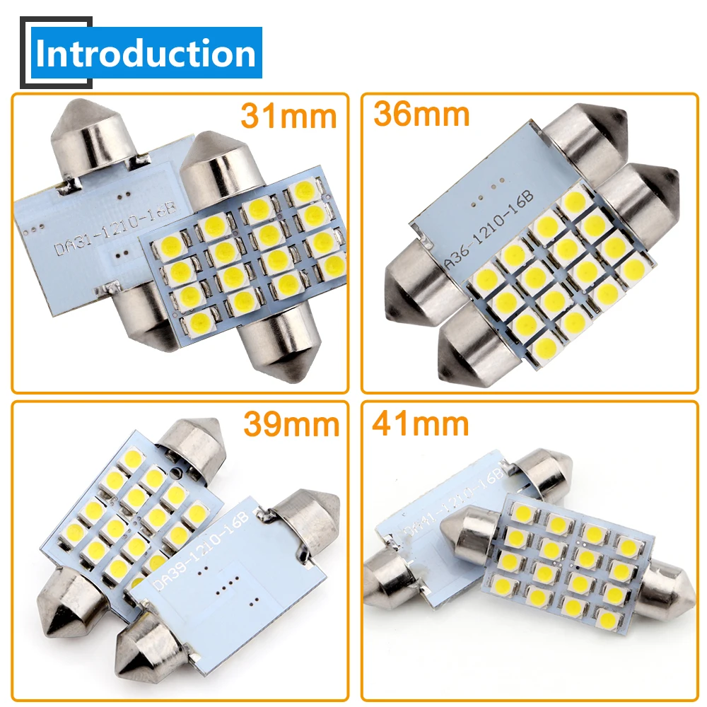 

10pcs DC 12V 24V 1210 16 SMD 31mm 36mm 39mm 41mm LED Festoon Bulbs C5W Car Dome Reading Reading Pate Number Lights White