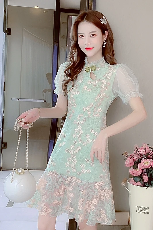 

COIGARSAM Cheongsam Patchwork Women dress Vintage Lace Puff Sleeve Stand Neck Mesh Dresses Green 3623