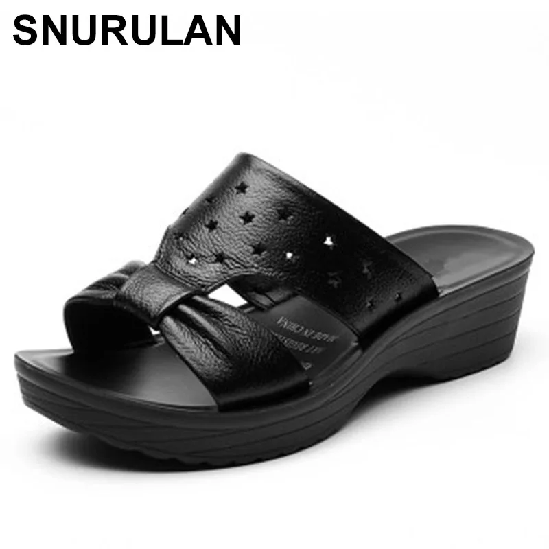 

SNURULANSummer new women's shoes female leather soft soles mother slippers slope with the elderly skid comfortable slippers