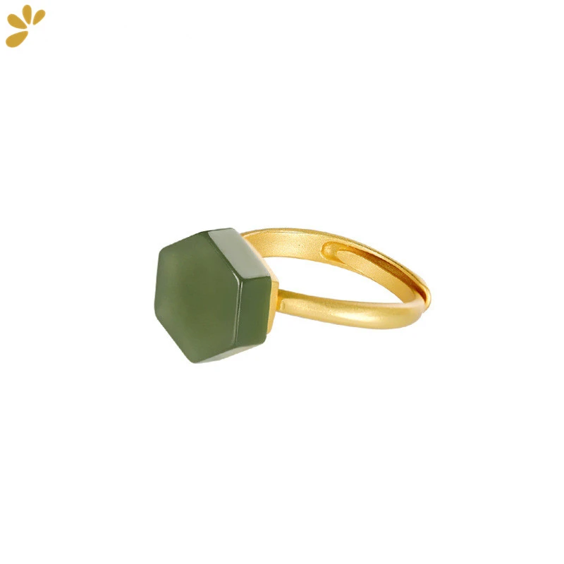 

925 Sterling Silver Ring Hetian Jade Geometric Hexagon Open Ring Fine Jewelry for Women Original Design Simple Trendy Ethnic