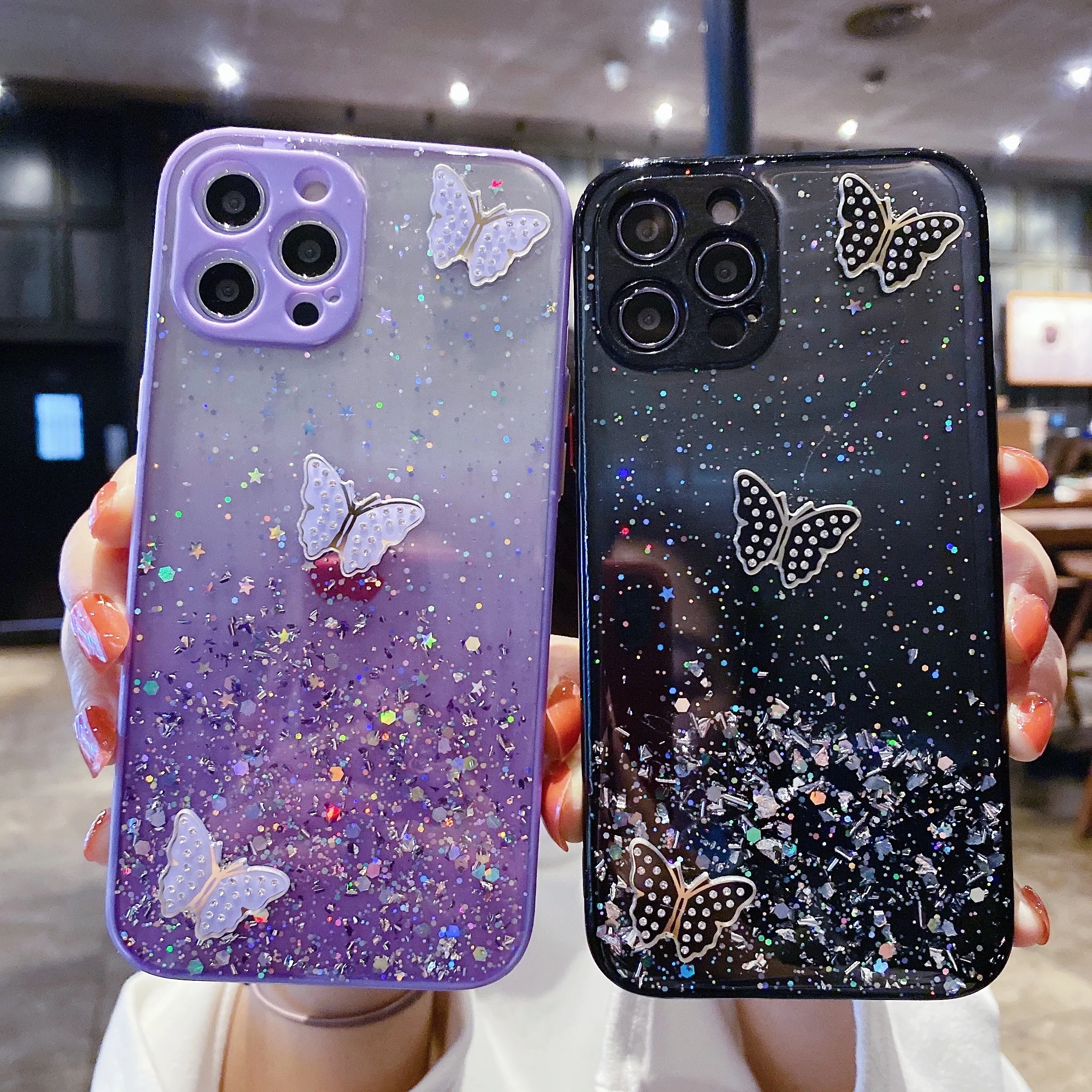 

Star Glitter Butterfly Phone Case For iPhone 12 11 Pro Max SE 2020 XR X XS Max 7 8 Plus Camera Lens Protection Soft Clear Cover