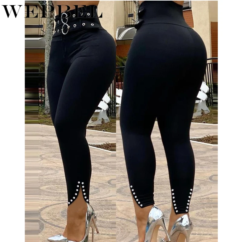 

WEPBEL Women Skinny Stretchy Pencil Pants with Belt Ladies Sexy High Waist Slim Fit Leggings Female Hip Lift Long Trousers