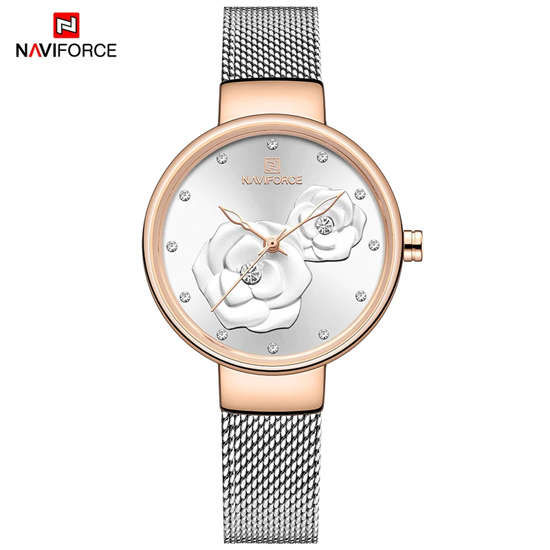 Creative 3D Flower Women Watch NAVIFORCE Luxury Brand Fashion Casual Ladies Watches Waterproof Full Steel Mesh Quartz WristWatch | Наручные