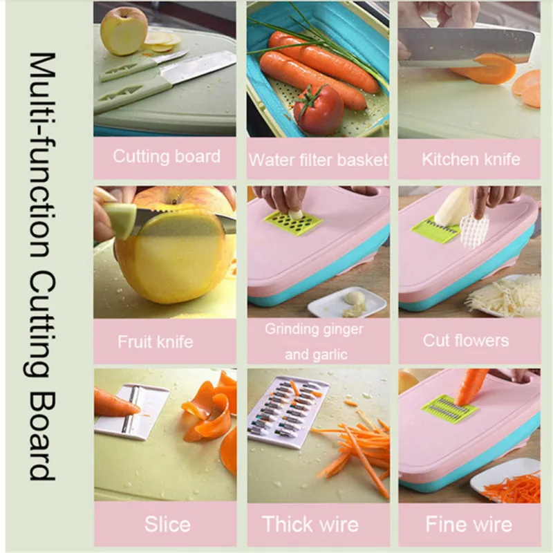 

2019 Newest Hot 9 In 1 Chopping Board Folding Drain Basket Multi-Function Sink Cutting Boards Chopping Blocks Kitchen Tools