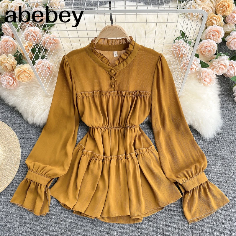 

Women Korean Blouse Design Puff Sleeve O Neck Tops Spring Fashion Casual Streetwear Split Blouses