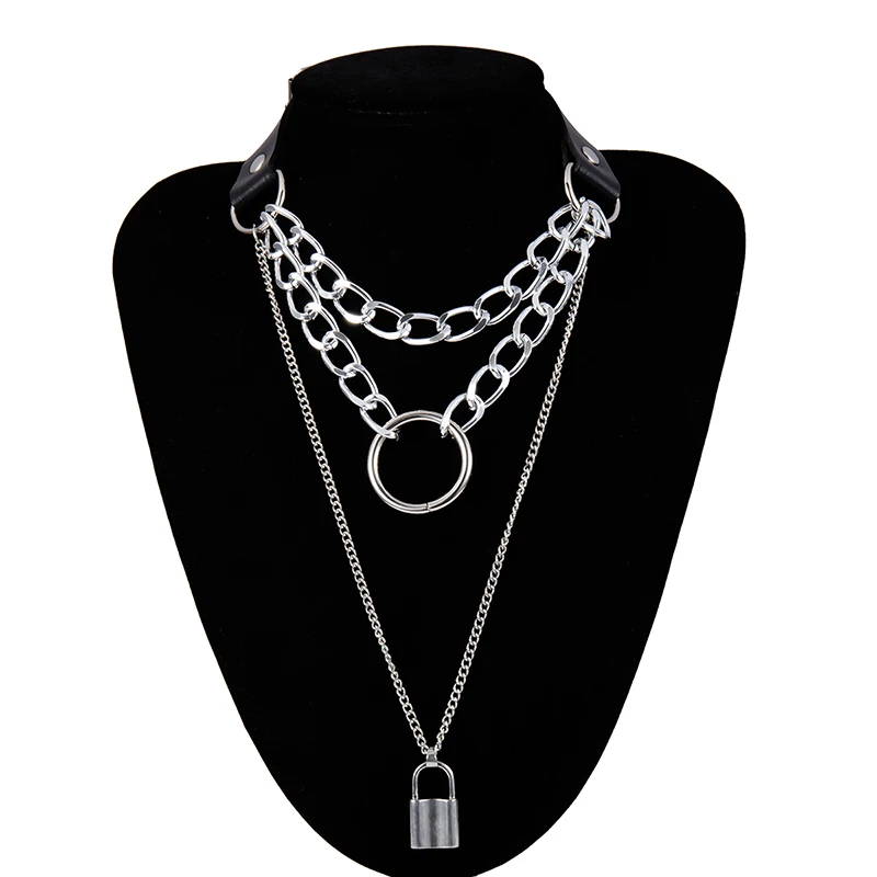 Silver Chain SHIXIN Готическая Подвеска "замок" Панк многослойная цепочка чокер воротник Готический из искусственной кожи висячий замок массивное ожерелье женское колье - Окраска металла: Silver Chain