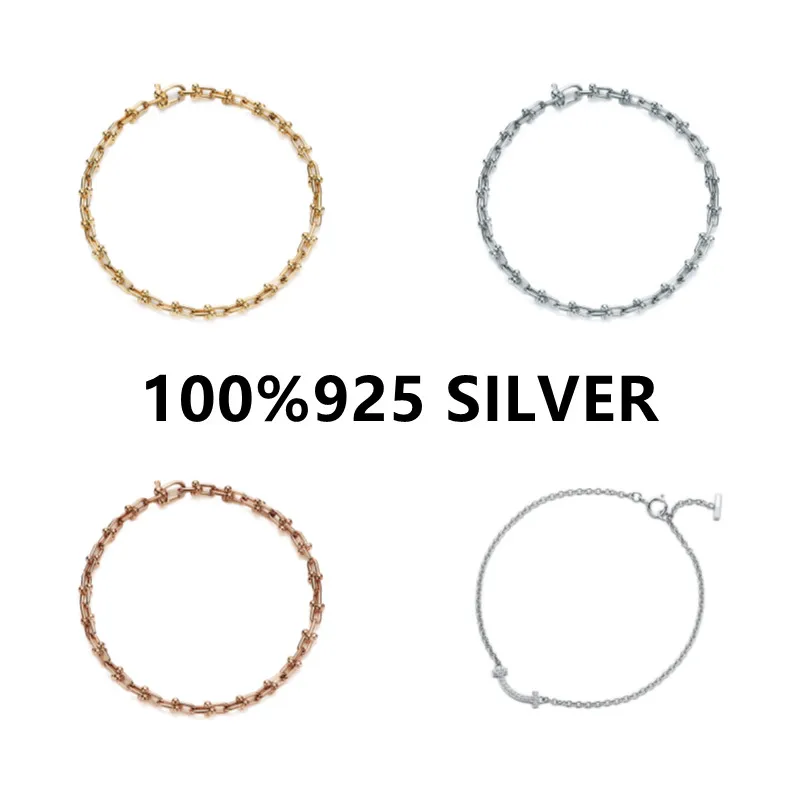 

S925 Sterling Silver Bracelet T HardWear Wide Size Zircon U-shaped Buckle Charm Bracelet Luxury Brand Original Jewelry Fine Gift