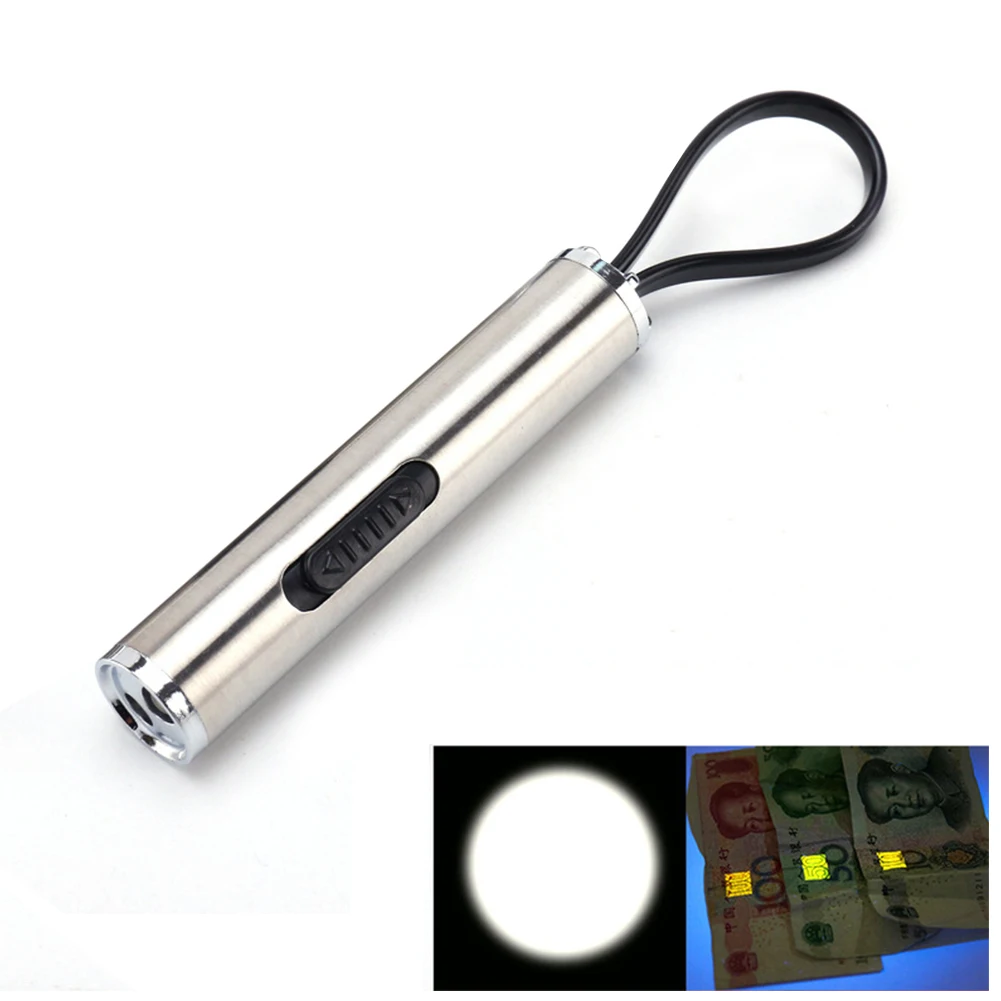 

Portable Flashlight Mini Stainless Steel Detector UV White Purple Light Portable Banknote Checking Torch Battery Powered