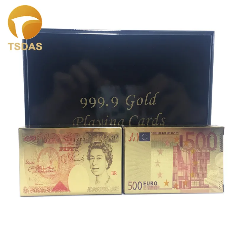 24k Gold Playing Cards Game Poker Card UK 50 Pounds &amp 500 Euro with Collection Wooden Box Drop Shipping | Дом и сад