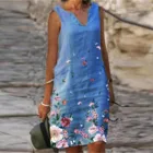 Платье женское хлопково-льняное с цветочным принтом, Повседневный сарафан без рукавов, с V-образным вырезом, летнее