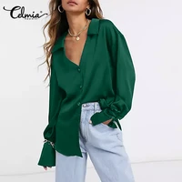 2021 fashion women satin shirts celmia autumn elegant office long sleeve solid tops casual ladies lapel collar button blouses