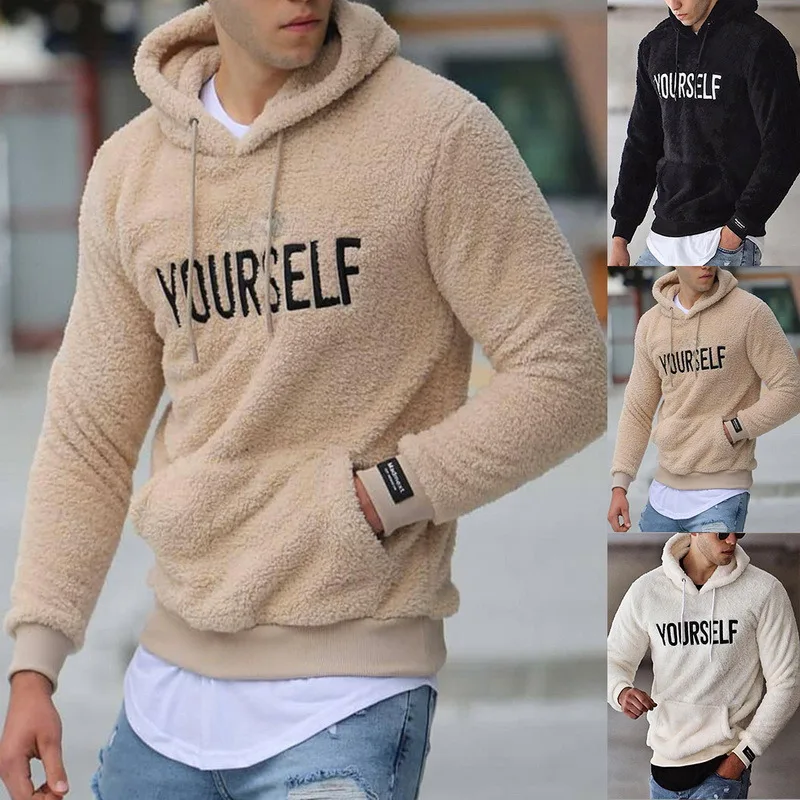 

Мужская теплая флисовая толстовка с капюшоном, Повседневный пуловер с длинным рукавом и надписью, с карманами-кенгуру, Осень-зима