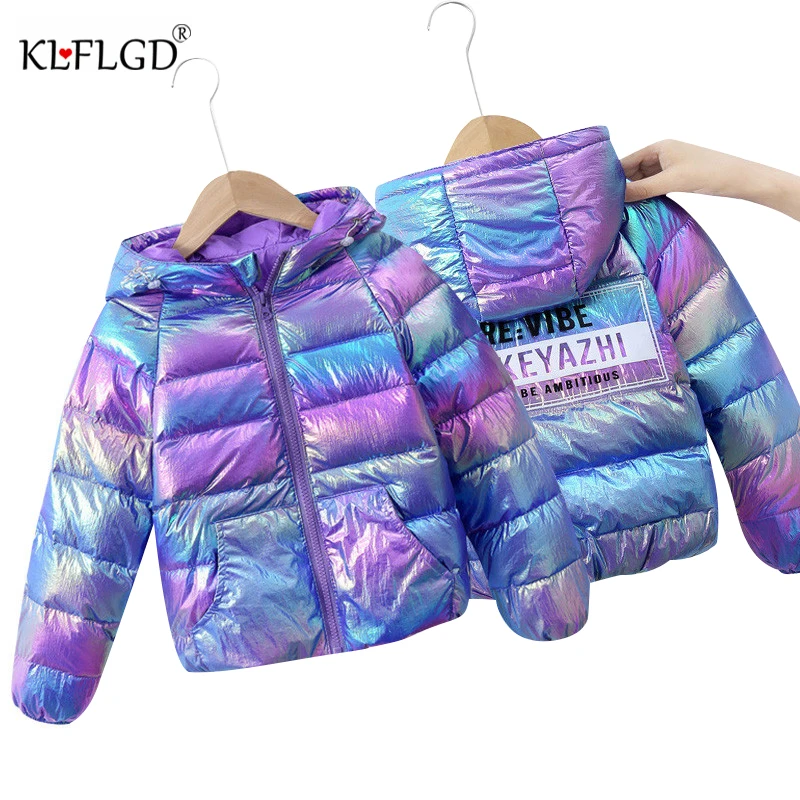 

Children's new winter white duck down jacket coat boys and girls colorful bright face Plush Hooded Jacket Coat baby cotton coat