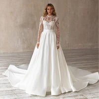 chic scoop full sleeve wedding dresses detachable train floor length white a line jersey lace applique backless bridal gowns