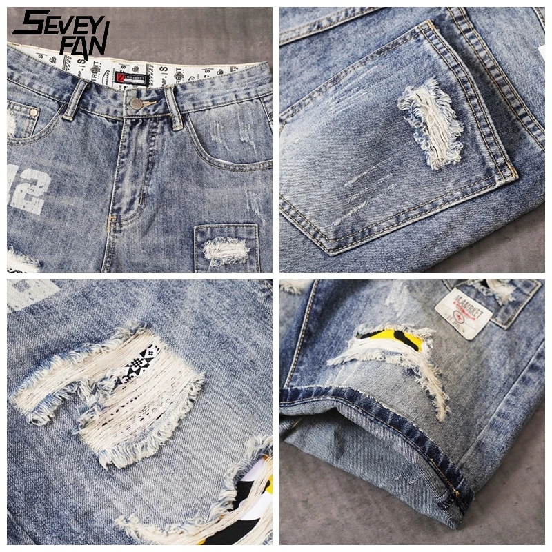 

Summer Ripped Jeans Shorts Men Vintage Patchwork Blue Streetwear Hip Hop Denim Shorts Hole Letter Printed Fashion Clothes Male