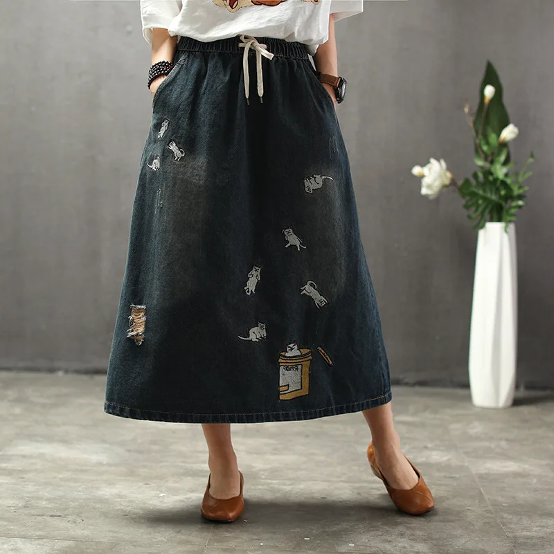 ВИНТАЖНАЯ ДЖИНСОВАЯ свободная универсальная юбка с вышивкой кота из мультфильма