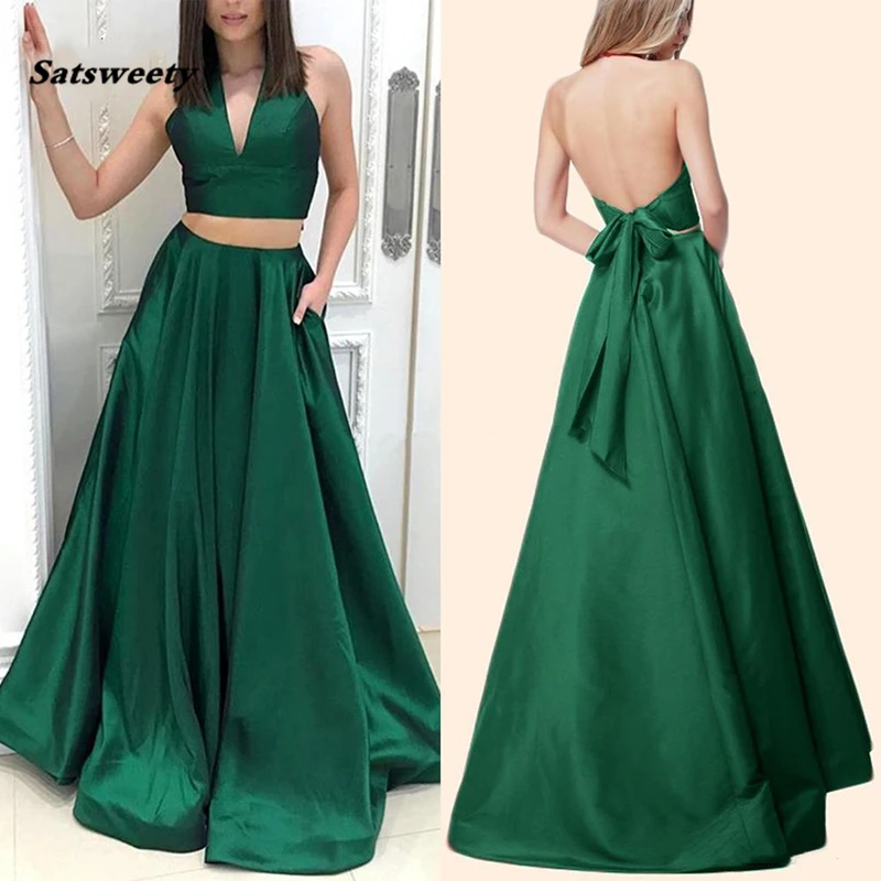 

Satsweety Elegant Dark Geen 2021 Backless Halter 2 Piece Evening Gown Simple Wedding Party Prom Dress For Women Cheap