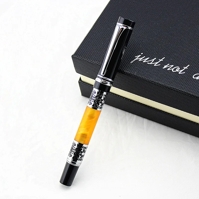 

High Quality Silver Flower Amber Celluloid Rollerball Pen Office Stationery School Supplies Ballpoint Pen Gift box