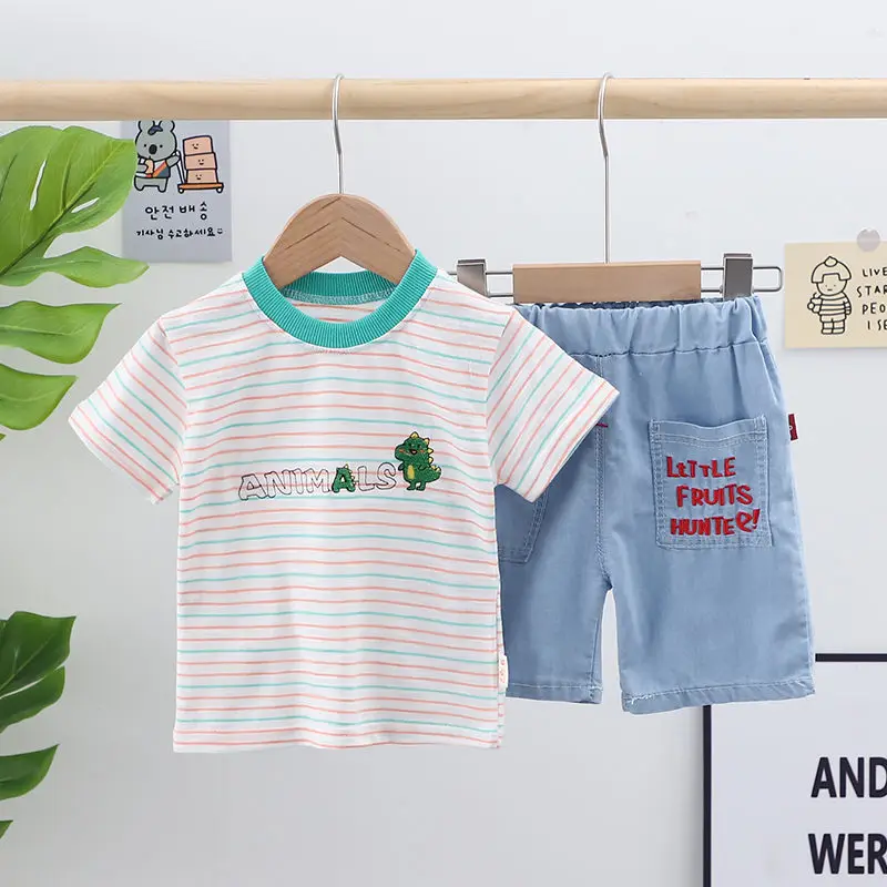 

Children Cotton Clothes Baby Boys Cartoon Strips Animal T-shirt Denim Shorts 2Pcs/sets Infant Kids Fashion Toddler Tracksuits