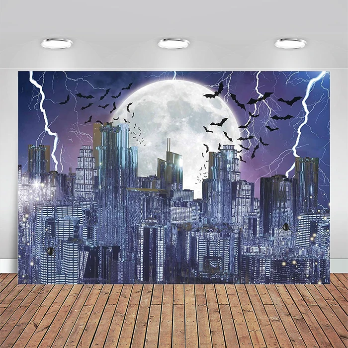 Halloween Night Backdrop Horror Scary City Building Hallowmas Eve Bat Spider Moon Gloomy Background Trick or Treat Party Banner