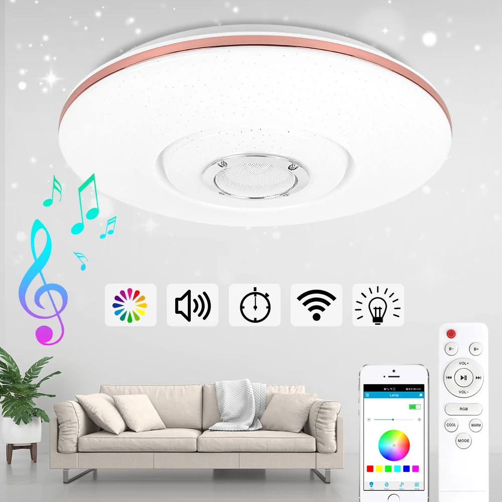 Lámpara de techo con luz LED de 48W y 180-214V para iluminación del hogar y Hotel, lámpara de música con altavoz, Bluetooth y Control remoto por aplicación móvil