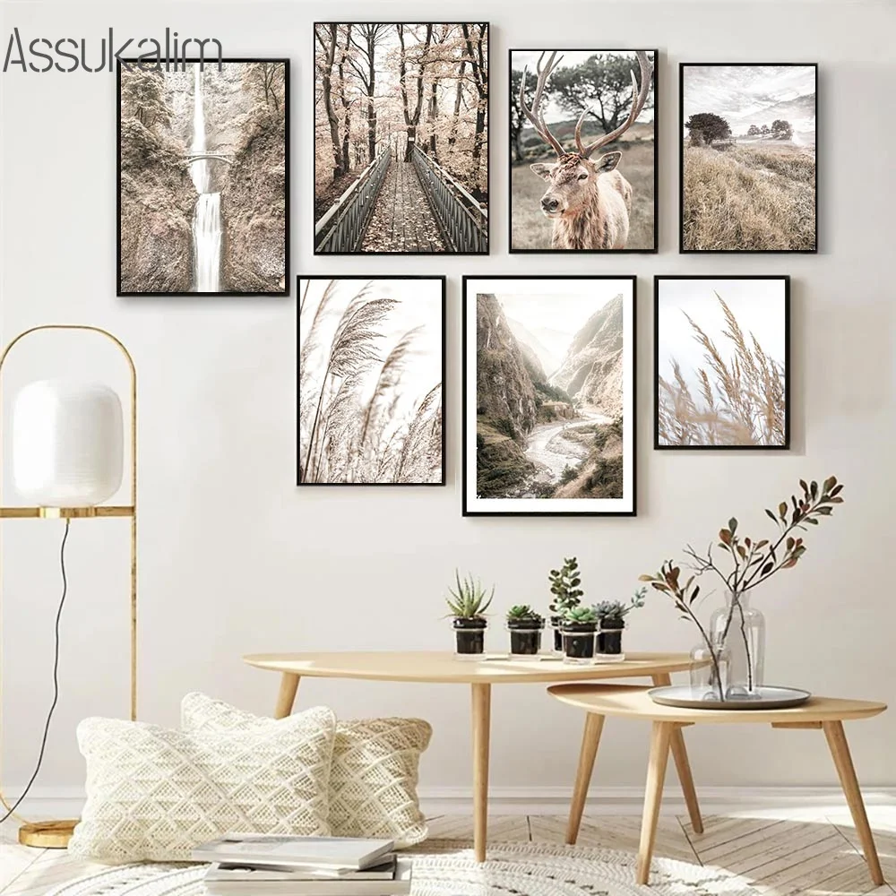 

Природный пейзаж, холст, живопись, гора, водопад, настенные принты, плакат с оленем, луг сена, Настенная картина, настенные картины, домашний ...