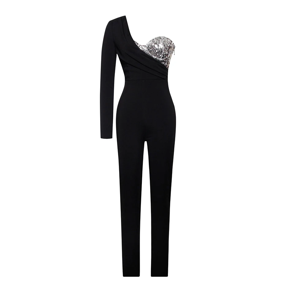 

High Quality Women's Spring 2021 Black Bodycon Bandage Jumpsuit Sexy One Shoulder Long Sleeve Sequin Runway Party Jumpsuit