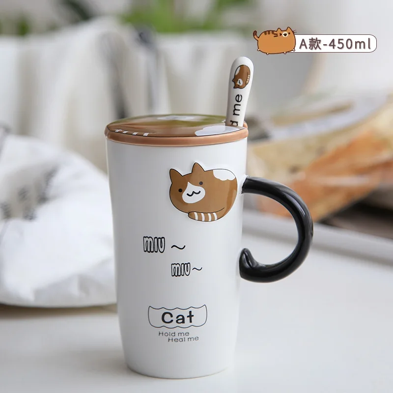 

Cute Cartoon Coffee Mug Ceramic Creative Spoon with Lid Handmade Couple Cat Espresso Mug Tazas De Cafe Kitchen Drinkware DB60MK
