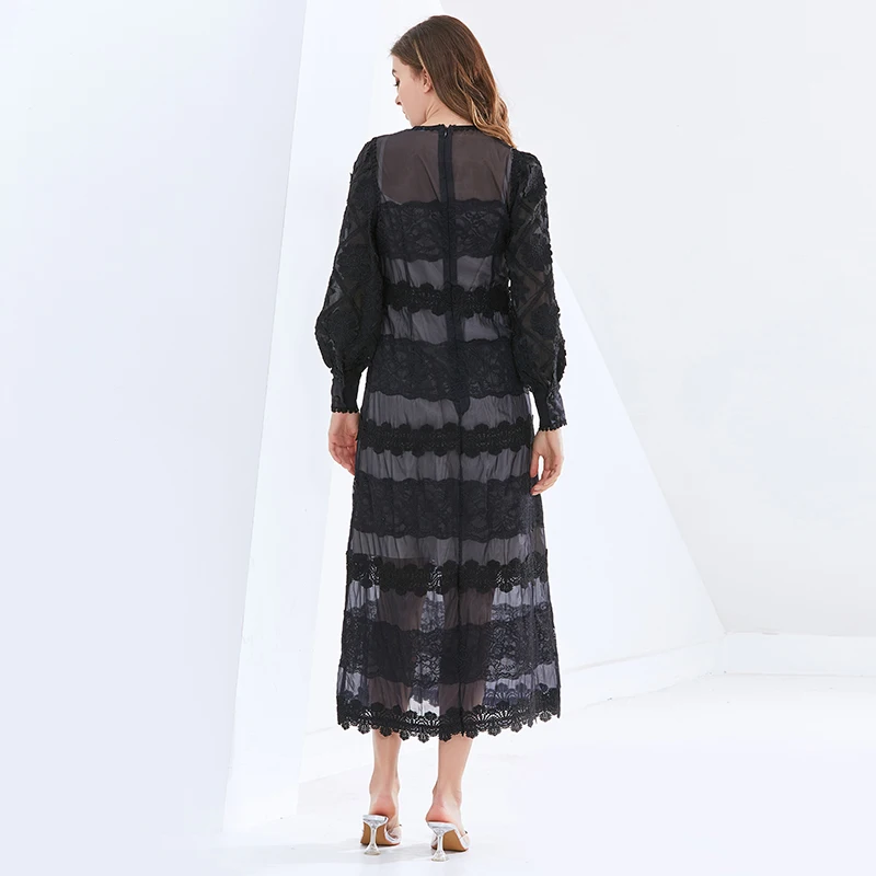 

TWOTWINSTYLE White Patchwork Lace Women's Dress O Neck Lantern Sleeve High Waist Black Dresses Female Fashion New Clothing Tide