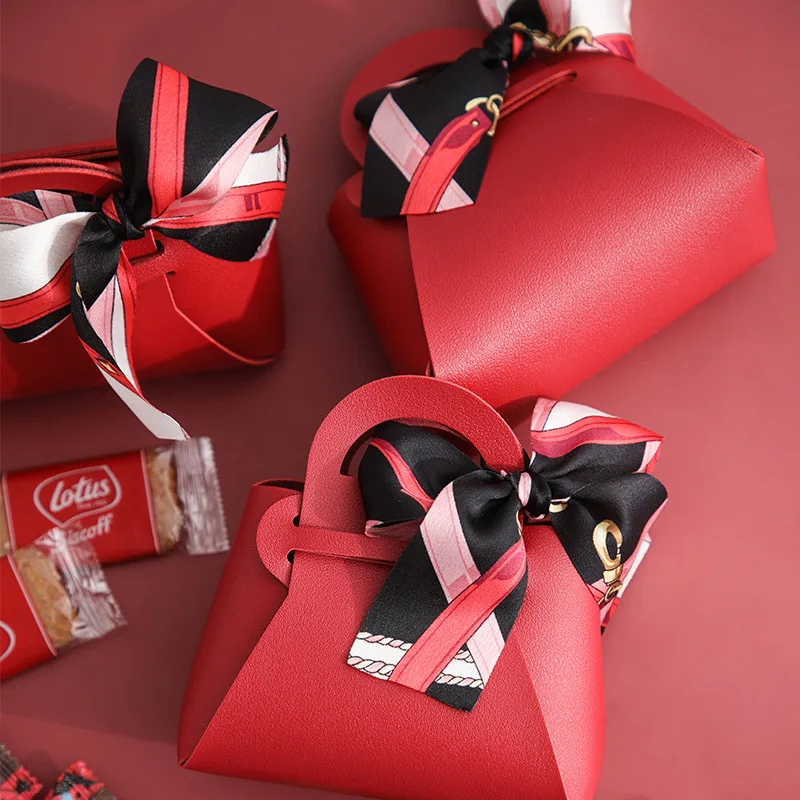 10 PCS Small Leather Gift Box New Creative Handbag Shape Ribbon Bow Temperament Solid Color Candy With Hand Bag | Дом и сад