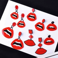 fashion sexy red mouth lips dangle earrings for women girl punk hip hop geometric long drop earring nightclub party jewelry gift