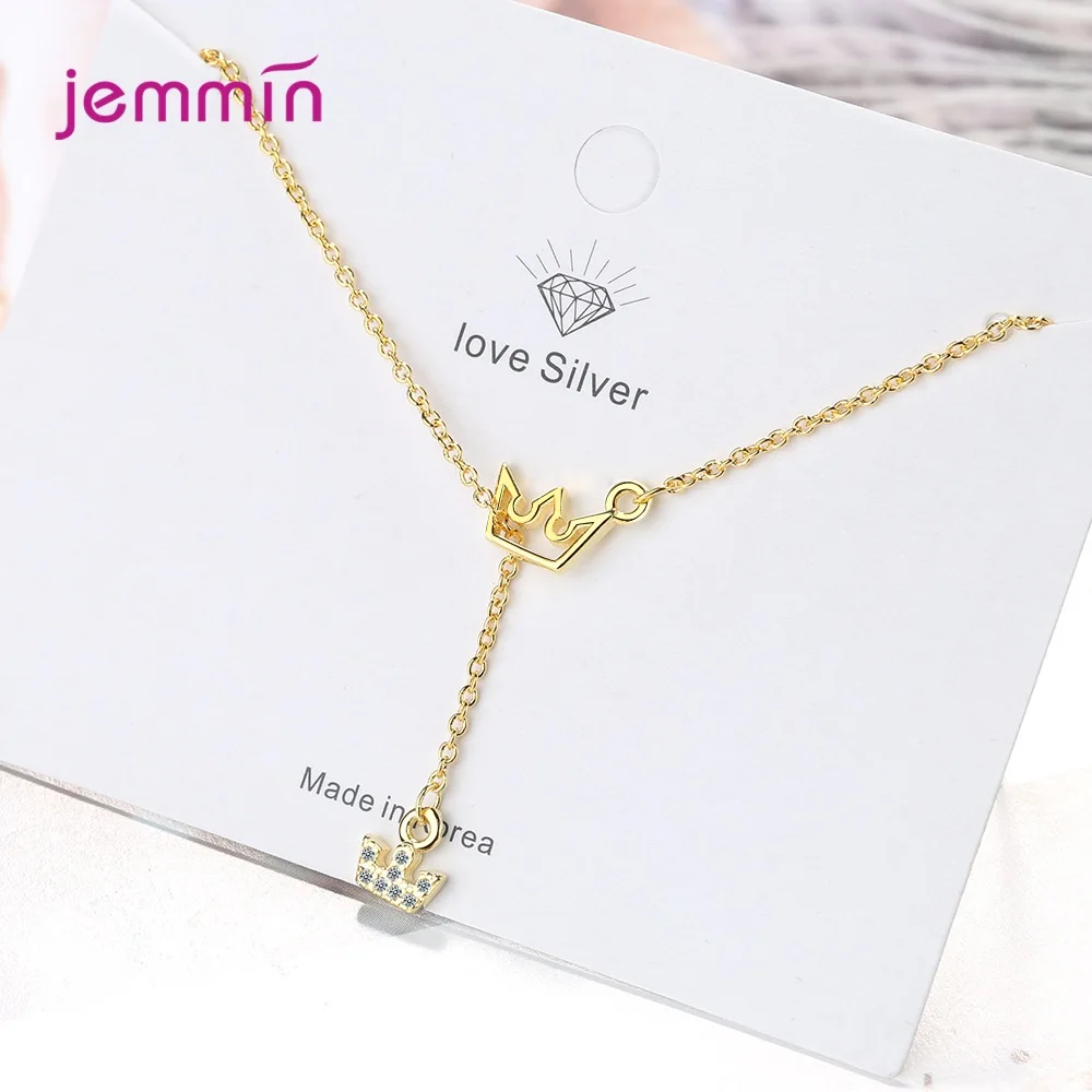 

Luxury Simple 925 Sterring Silver Crown Pendant Necklaces Clear Crystal Chain Necklaces For Women Wedding Party Jewelry