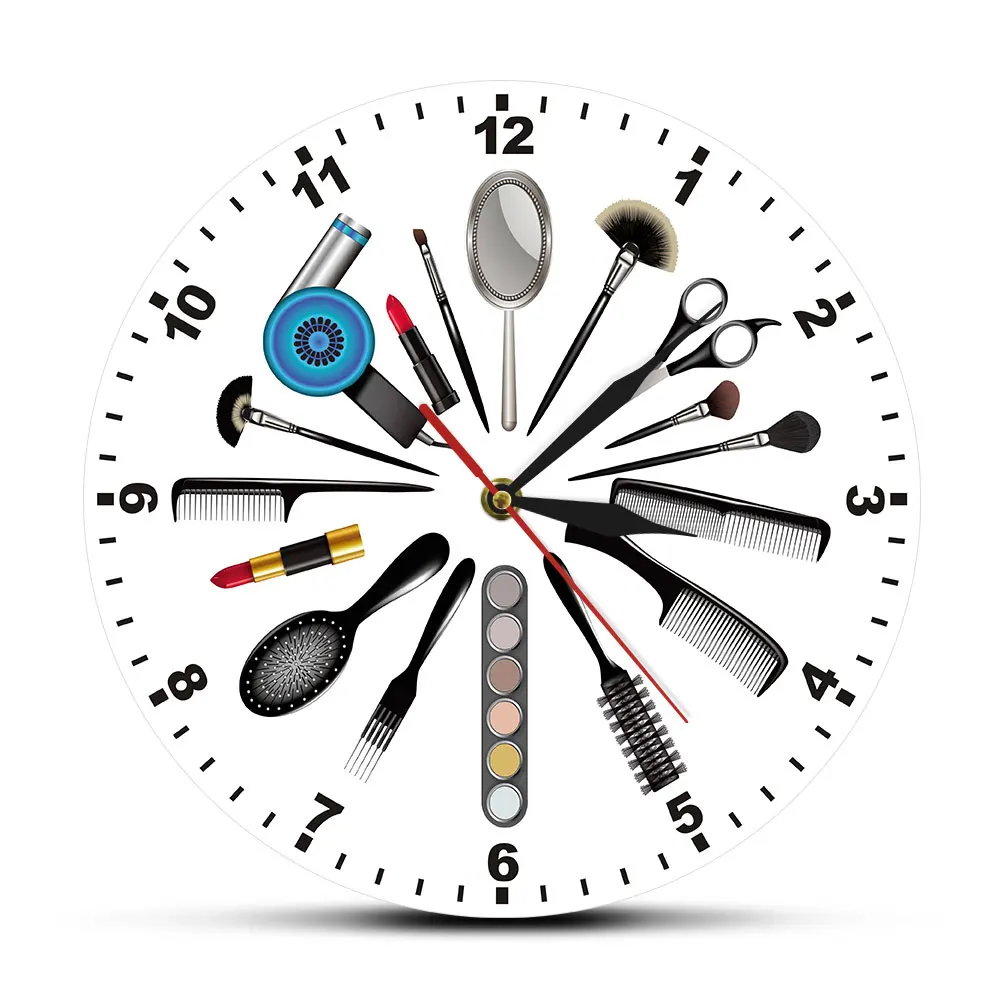 Ful Printed Acrylic Wall Clock Beauty Shop Hair Stylist And Makeup Tools Modern Watch Orologio Da Parete