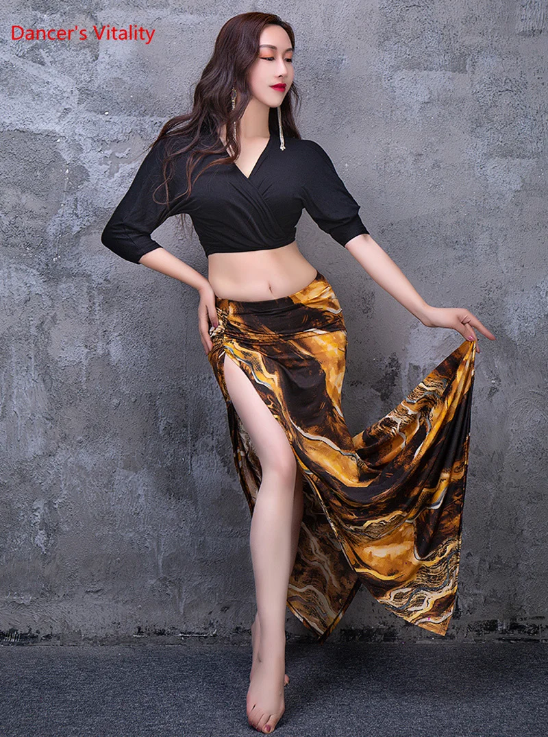 

Женская профессиональная одежда для танца живота из модала, топ с короткими рукавами, сексуальная юбка с разрезом и принтом, комплект из 2 пр...