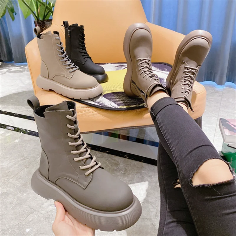

2021 new women's boots soft leather lace-up platform platform Martin boots motorcycle boots short boots women's shoes trend