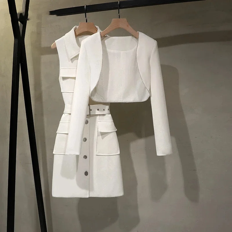 

Professional Dress Suit Women's Fashion Slim Fit Short Blazer Jacket Top Midi Pencil Dress Black White Office Lady Business Wear