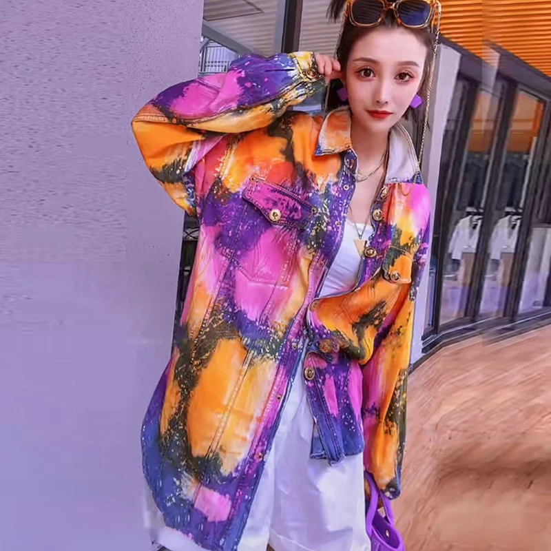 

Fashion early autumn new color halo dye foreign style versatile irregular hem long sleeve denim shirt