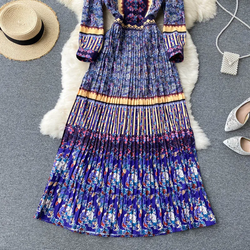 

LY VAREY LIN New Summer Women Casual Floral Print Pleated Full Lady Dress A Line Polo Collar Chiffon Pullover Mid-calf Dresses