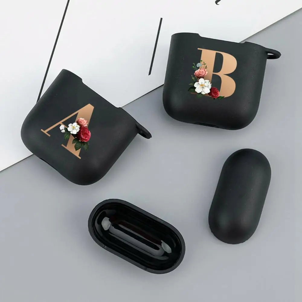 

Funny Floral Gold 26 Alphabet Soft Case For AirPods 2 1 Black Silicone Wireless Bluetooth Earphone Box Matte Cover