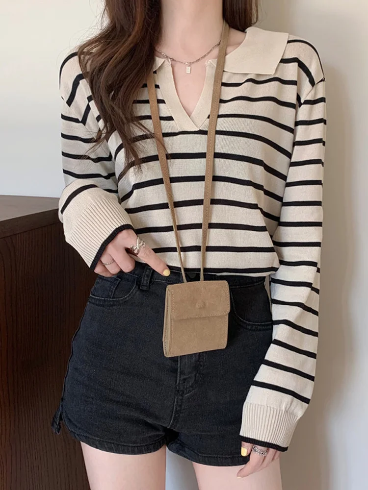 

Женский полосатый свитер-поло с длинным рукавом, женский свободный шикарный дизайнерский топ на раннюю осень 2021